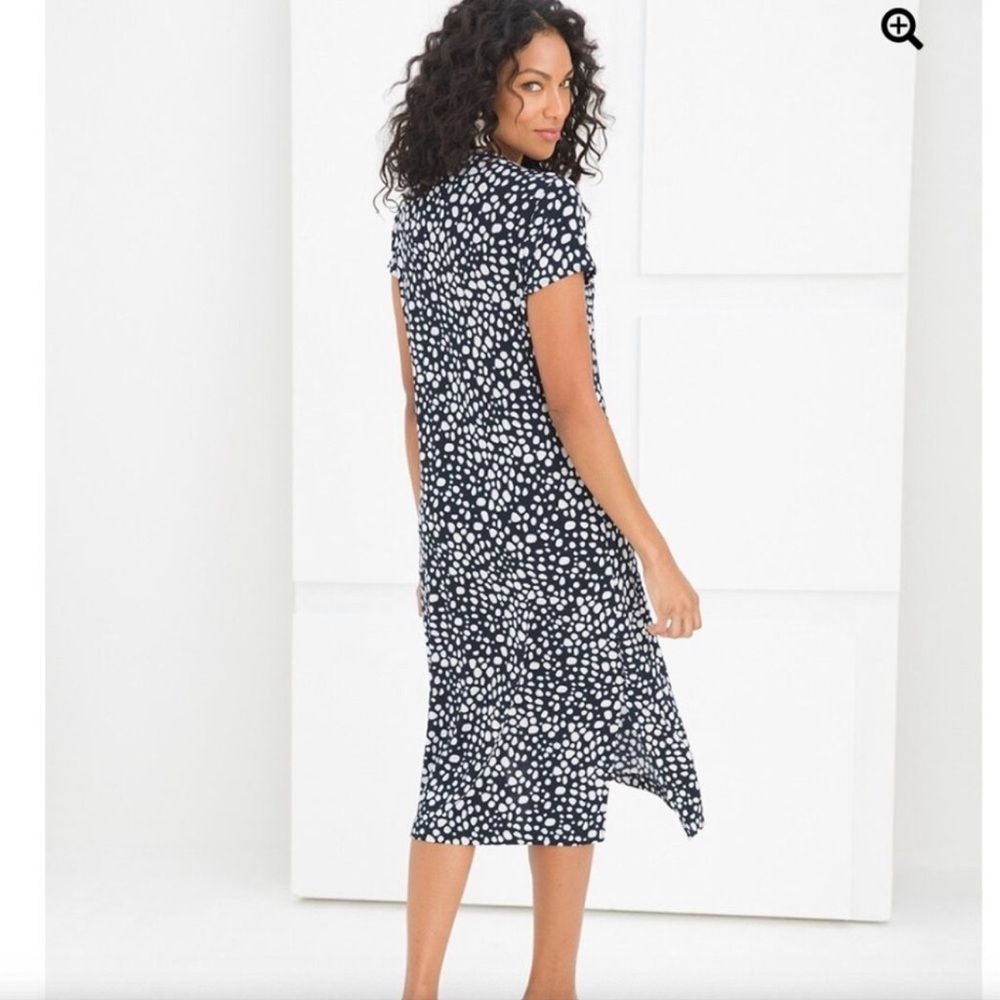 CHICOS. Navy and White Geometric Print Dress.
